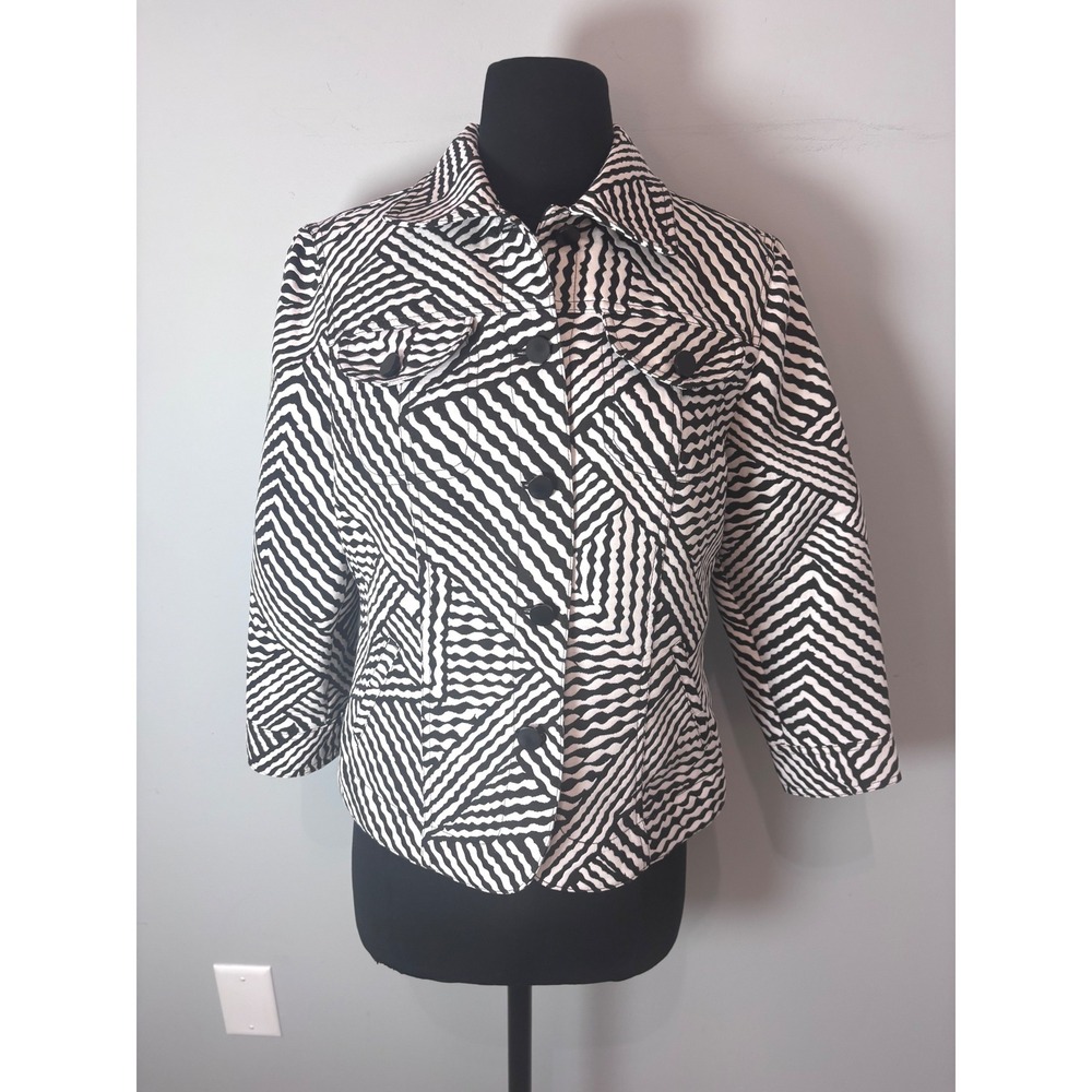 Ruby Rd Black White Geometric‎ Print Button Front Jacket Women's Size 8
